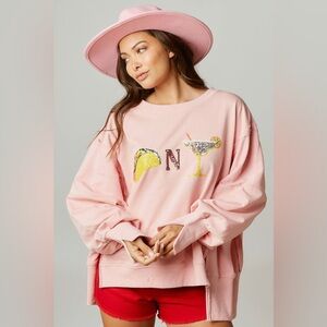 Boutique Fantastic Fawn Tacos & Margaritas Sequin Patch Light Pink Sweatshirt 🌮🍹